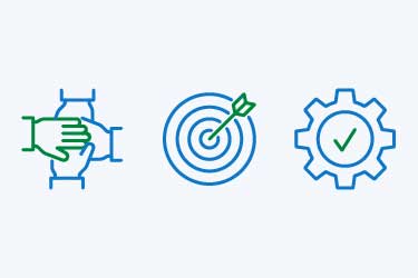 Ikoner, der viser samarbejde, relevans og effektivitet