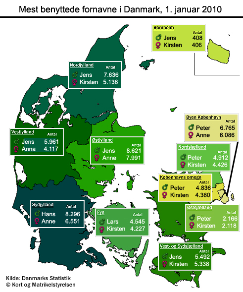 Danmarkskort med de mest benyttede navne i Danmark