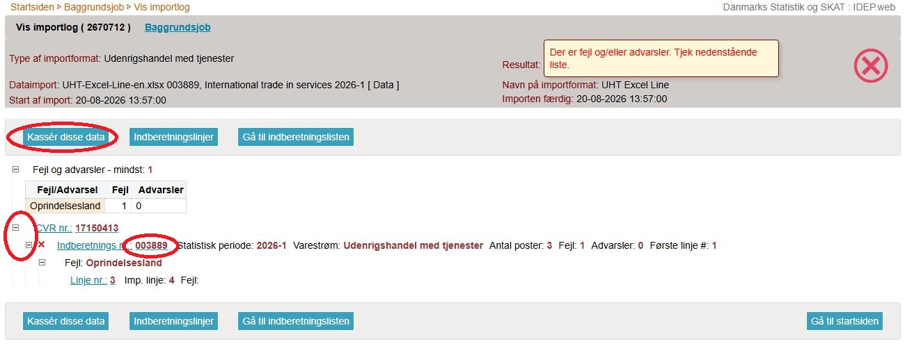 Screenshot af hvordan man udvider visning af fejl i IDEP.