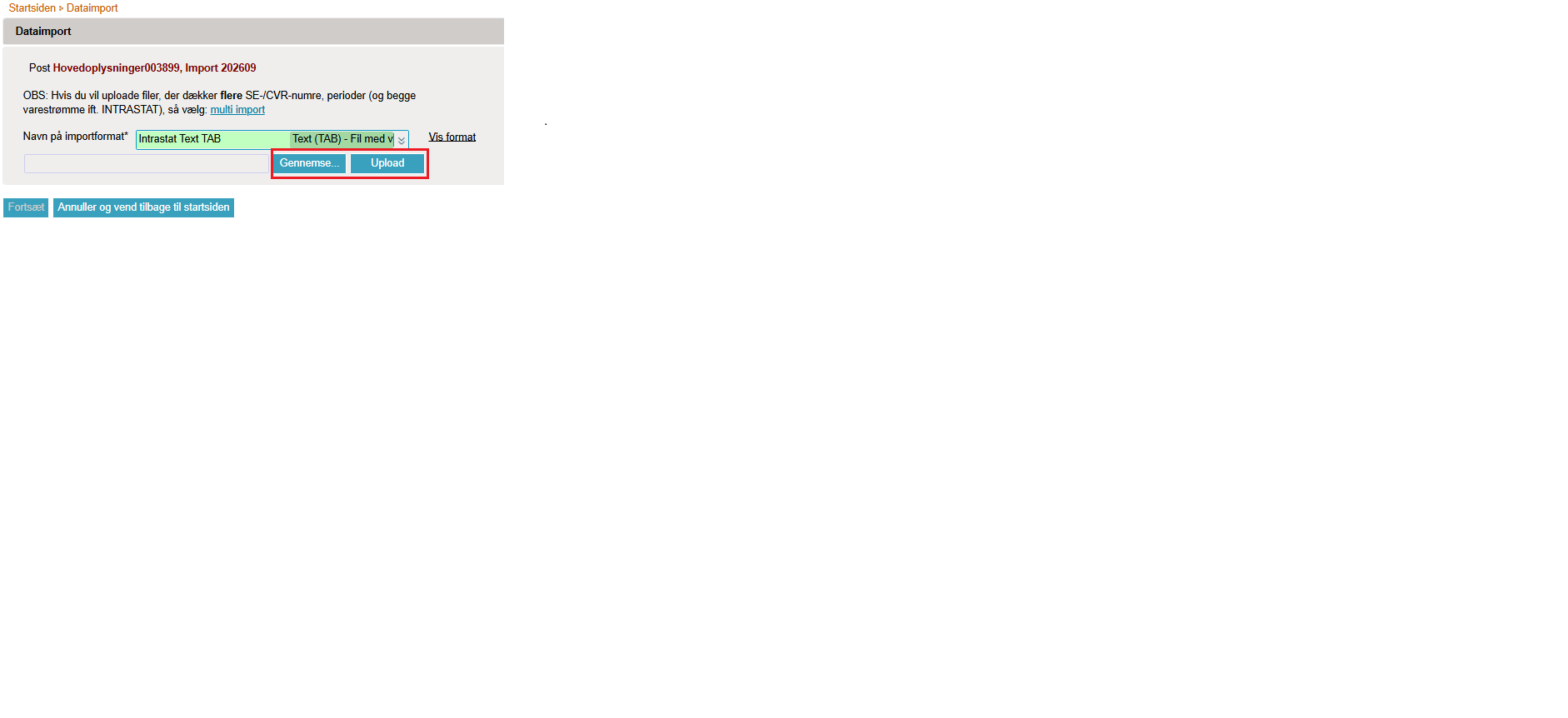 vælg import format text tab