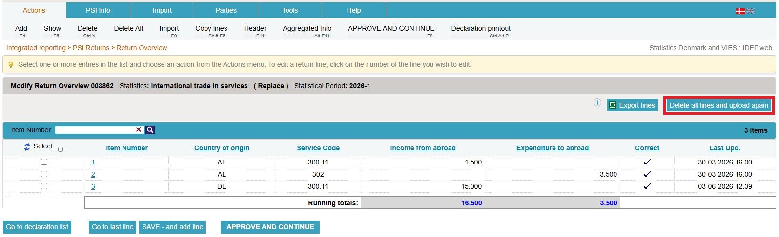 Screenshot of where to click when deleting all lines in order to upload again in IDEP.