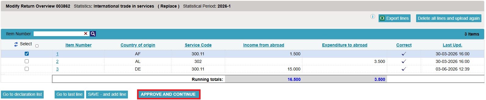 Screenshot of overview when modifying return in IDEP.