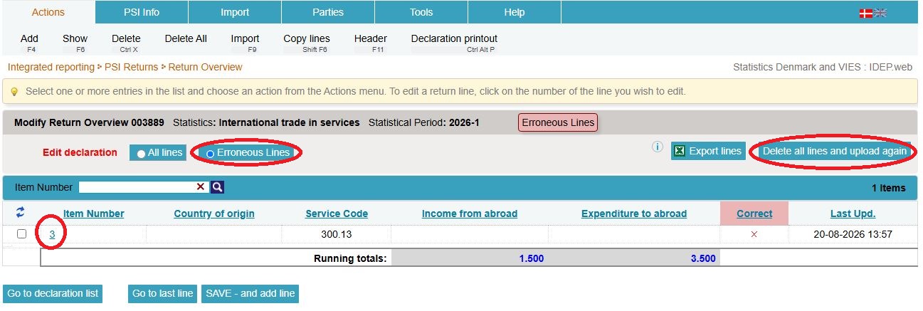 Screenshot of option to see only erroneous lines when viewing error log in IDEP.