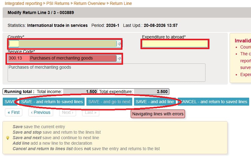 Screenshot of errors to modify in a single line within the return in IDEP.