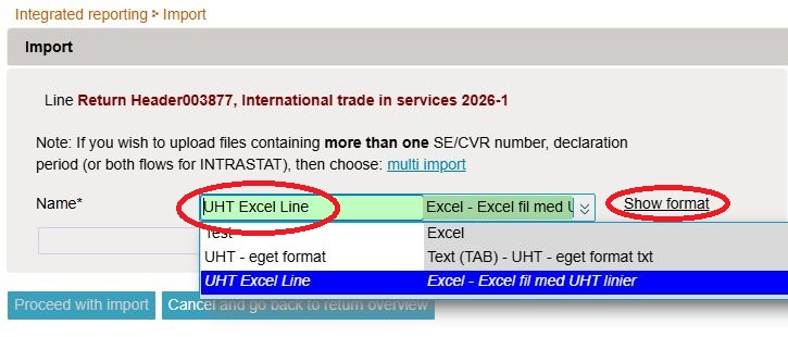 Screenshot of format options when uploading return in IDEP.