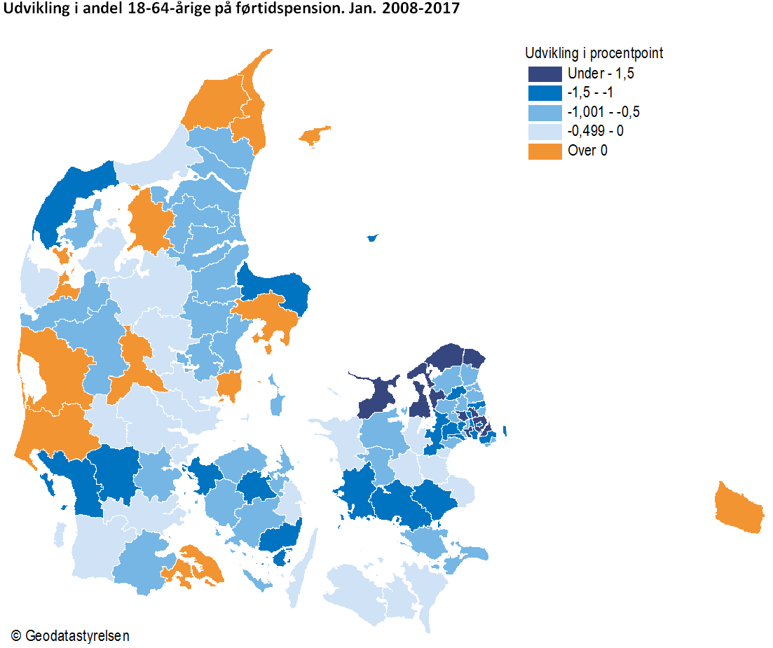 Udvikling i andel 18-64-årige på førtidspension. Jan. 2008-2017